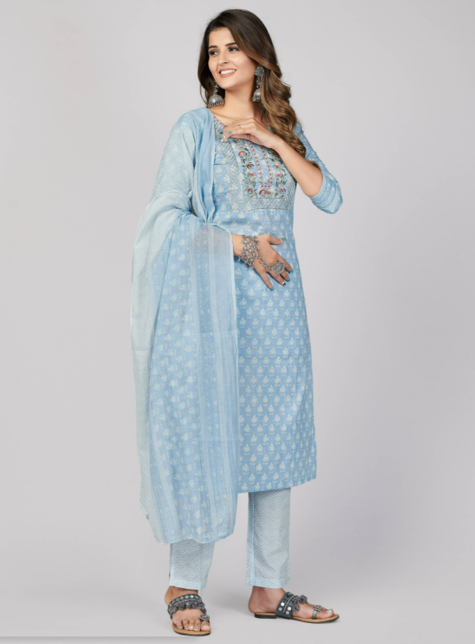 Women's Printed & Embroidered Straight Cotton Sky Blue Stitched Kurta Pant With Dupatta (3Pcs Set)