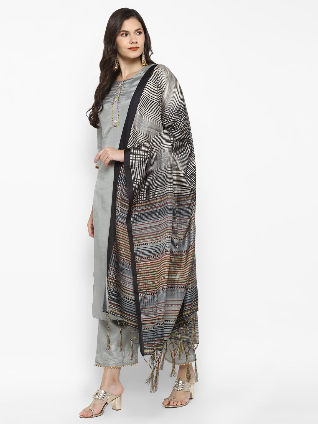 Women's Grey Color Silk Blend Straight Kurta Palazzo With Dupatta
