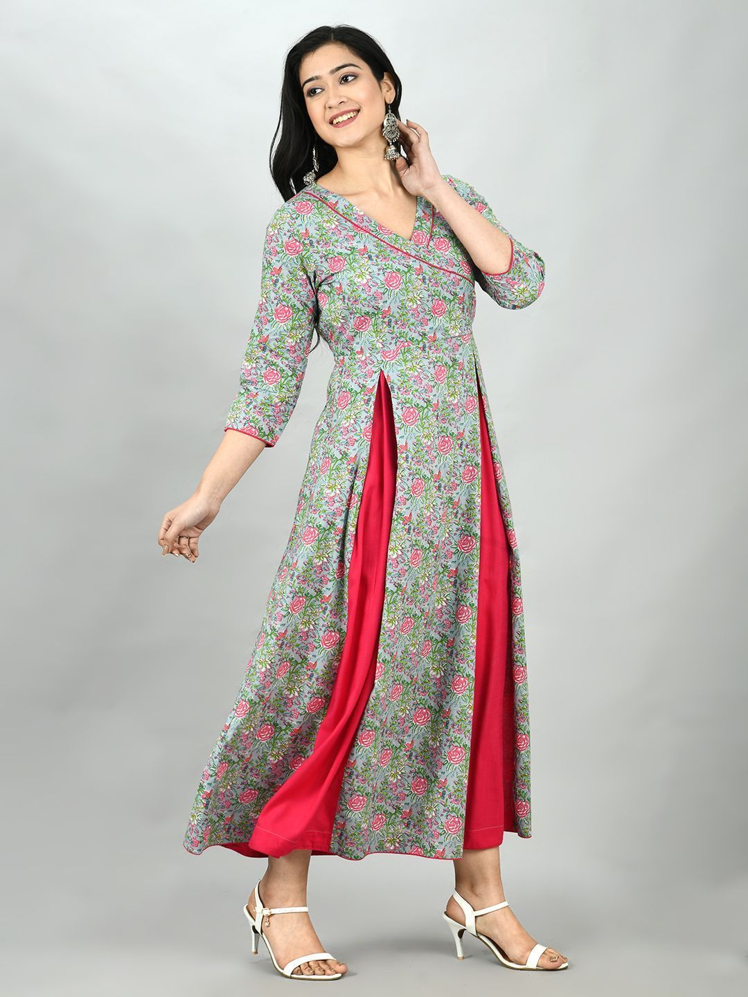 Women's Multi Cotton Printed 3/4 Sleeve V Neck Casual Dress