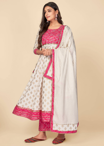 Women's Pink & White Anarkali Kurta & Pant With Dupatta Set Vbuyz- (3