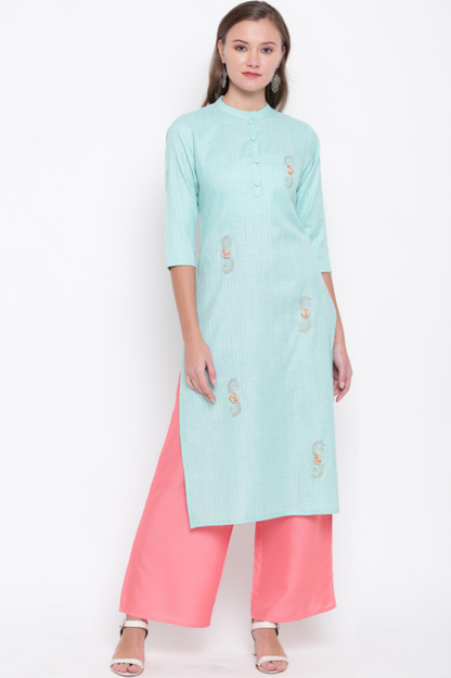 Women's Embroidered/Solid Straight Cotton Sky Blue Kurta (1Pc)