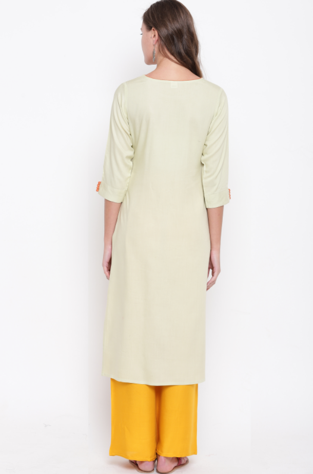 Women's Embroidered/Solid Straight Rayon Light Pista Kurta (1Pc)