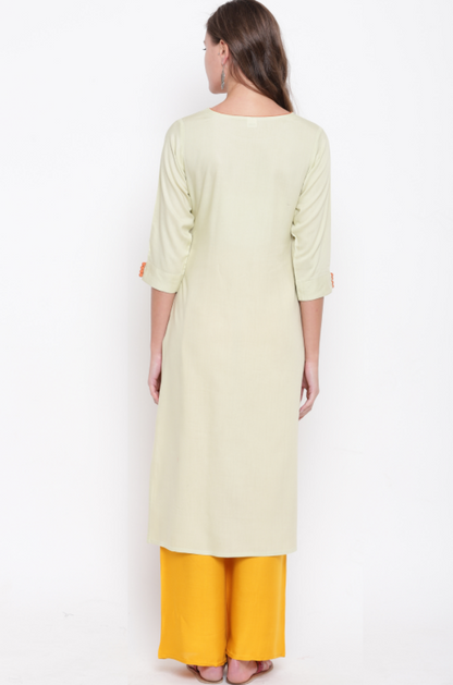 Women's Embroidered/Solid Straight Rayon Light Pista Kurta (1Pc)