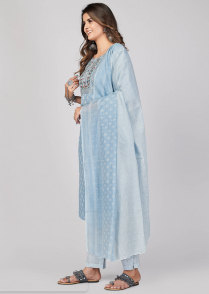 Women's Printed & Embroidered Straight Cotton Sky Blue Stitched Kurta Pant With Dupatta (3Pcs Set)