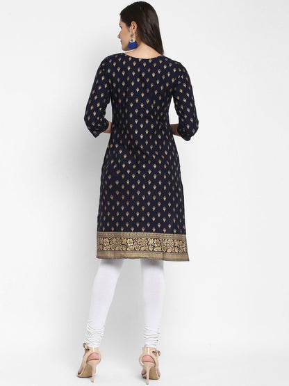 Women's Foil Print Straight Cotton Navy Blue Kurta (1Pc)