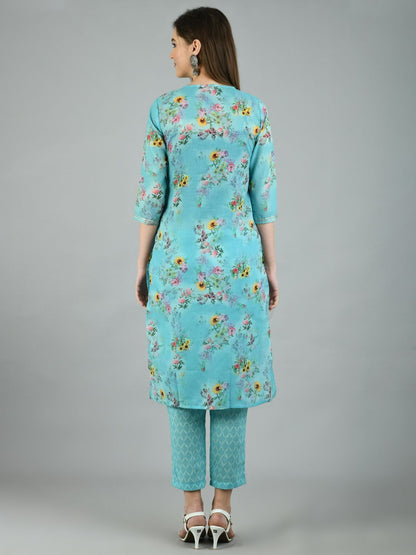Women's Blue Poly Cotton Printed 3/4 Sleeve Round Neck Casual Kurta Pant Set