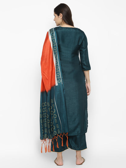 Women's Green Color Silk Blend Straight Kurta Palazzo With Dupatta