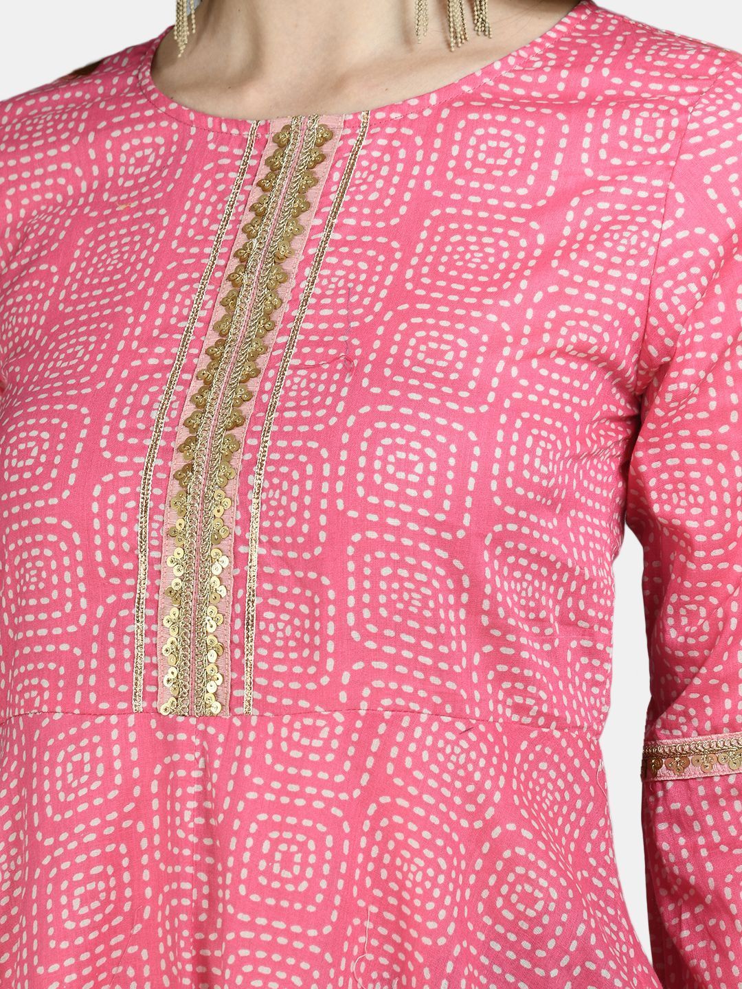 Women's Pink Cotton Printed 3/4 Sleeve Round Neck Casual Anarkali kurta