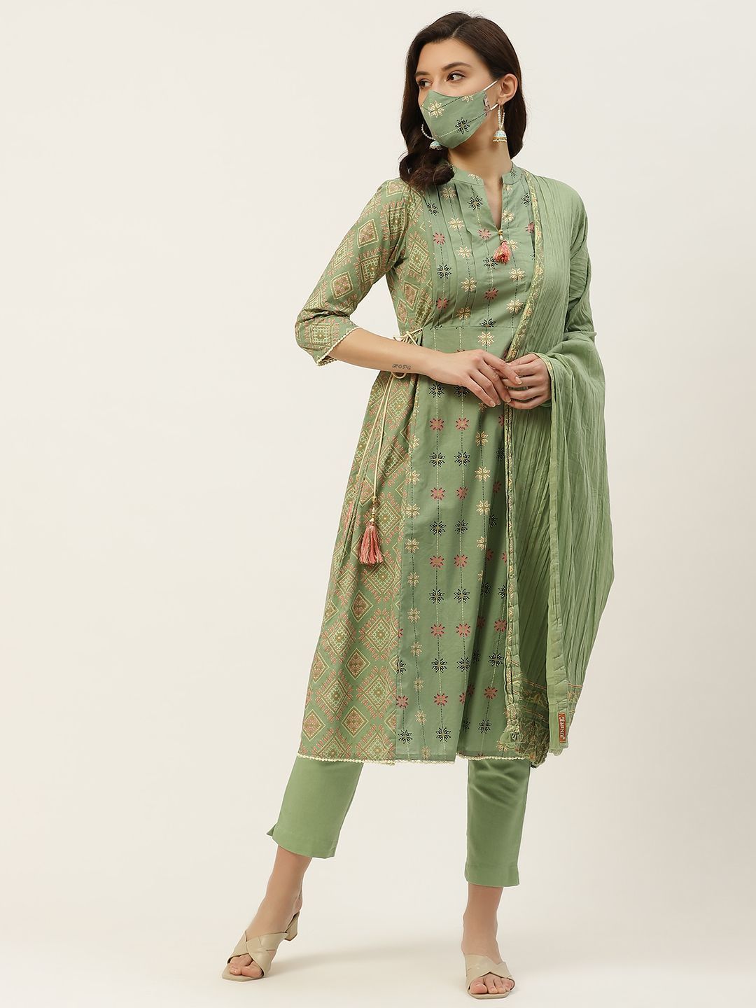 Women's Cotton Flex Printed A-Line Kurta Pant Dupatta Set