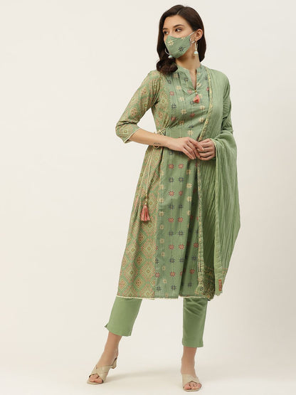 Women's Cotton Flex Printed A-Line Kurta Pant Dupatta Set