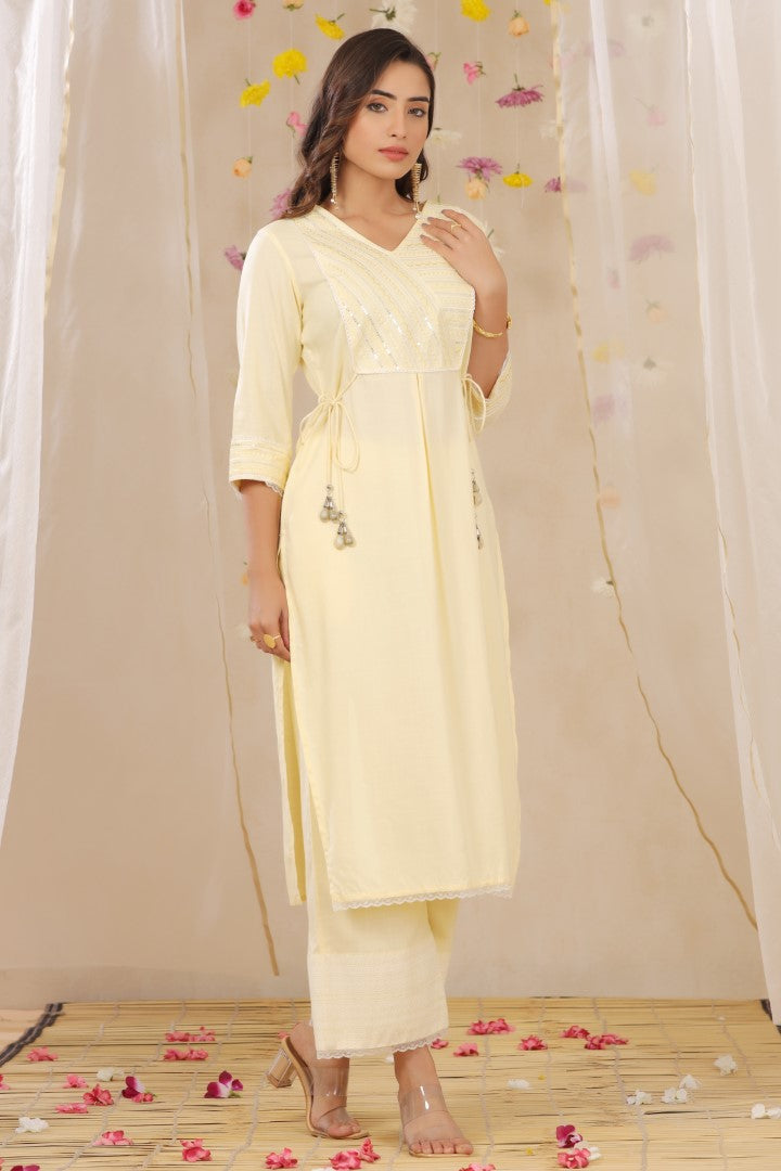 Women's Yellow Cotton Blend Printed Kurta Set