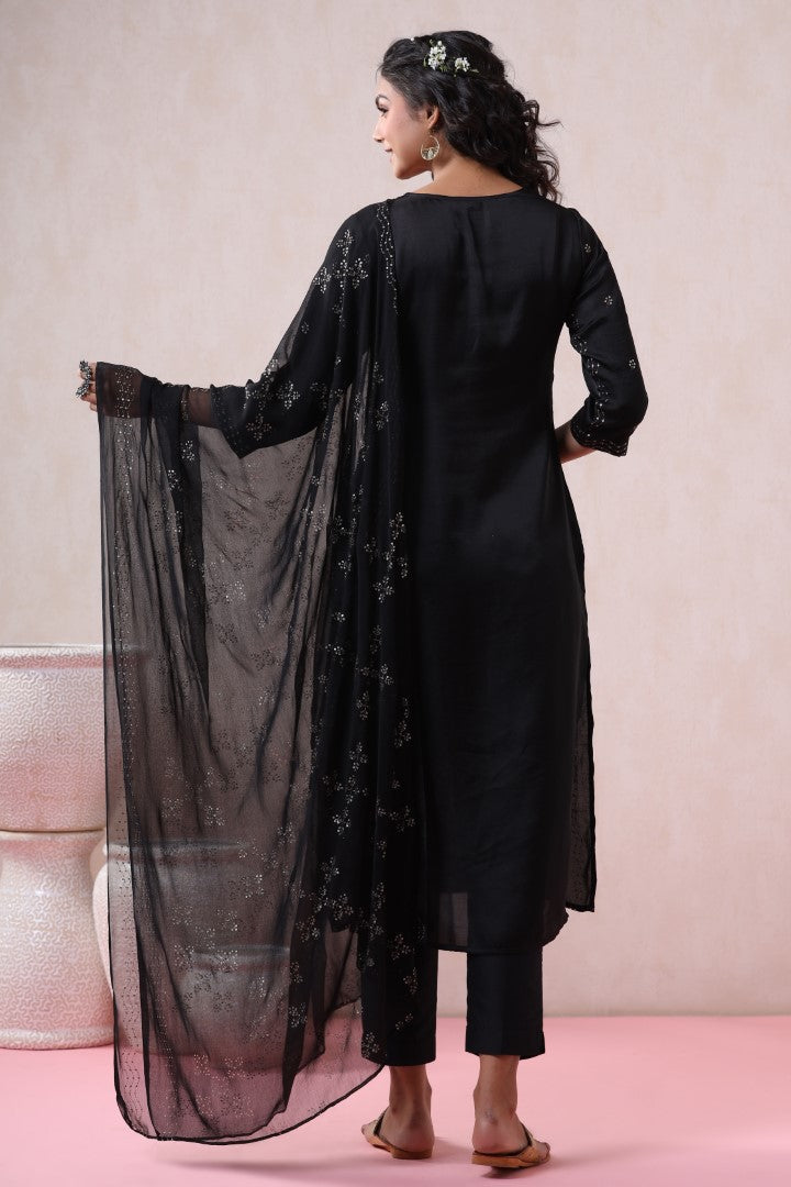 Women's Black Silk Embellished Kurta Set
