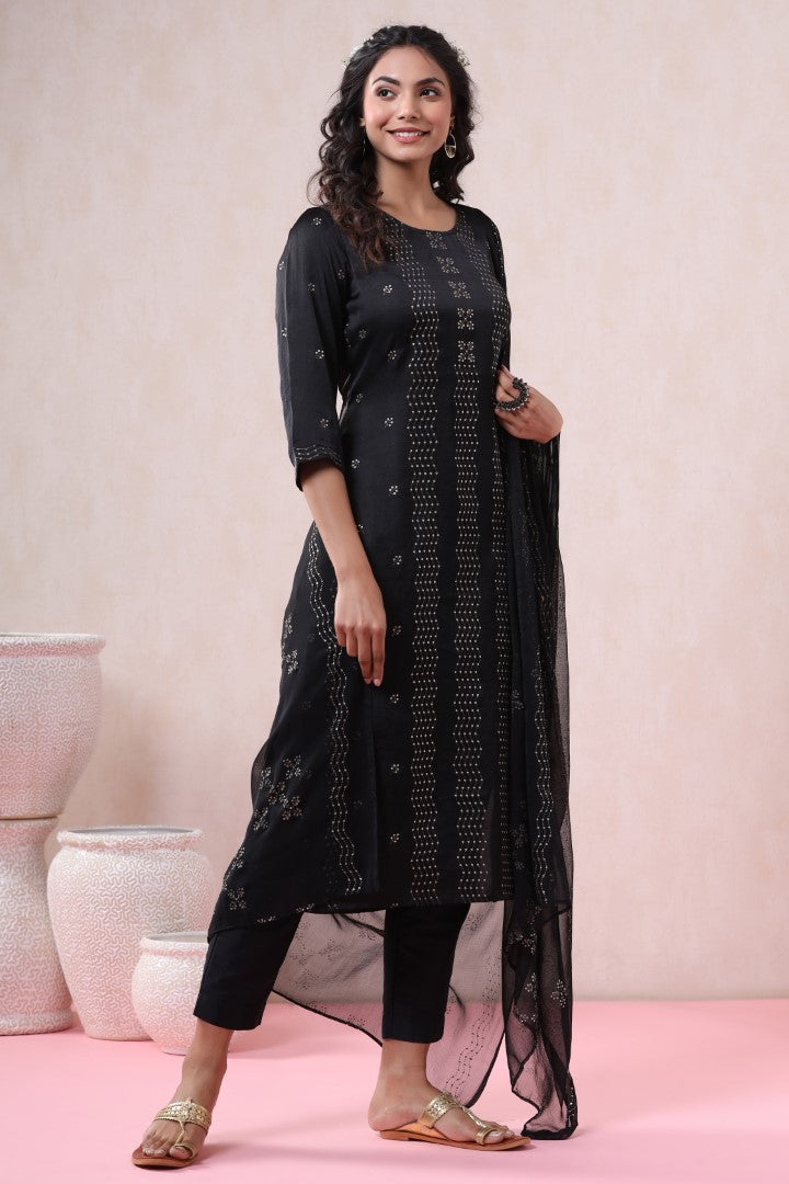 Women's Black Silk Embellished Kurta Set
