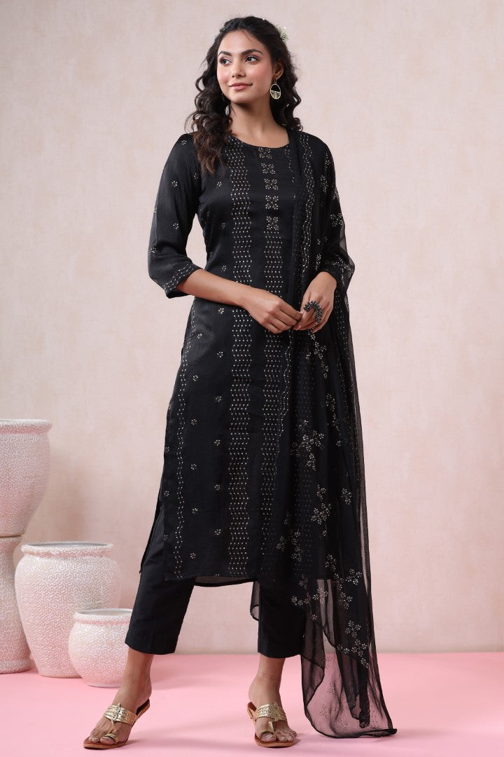 Women's Black Silk Embellished Kurta Set