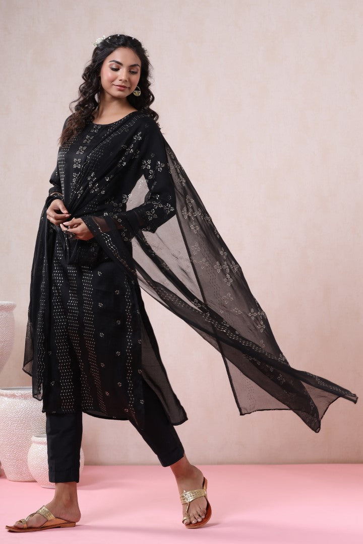 Women's Black Silk Embellished Kurta Set