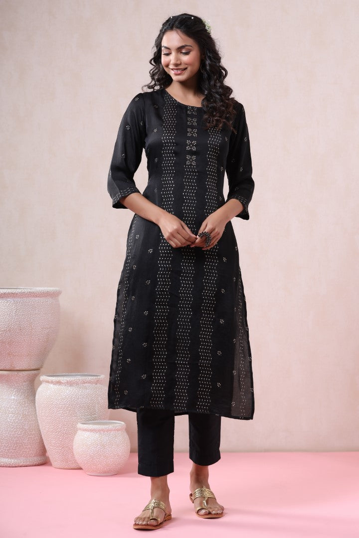 Women's Black Silk Embellished Kurta Set