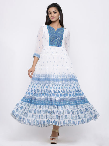 Women's Blue Georgette Embroidered Tiered Dress