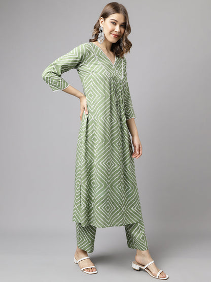 Women's Green Cotton A-Line Kurta set