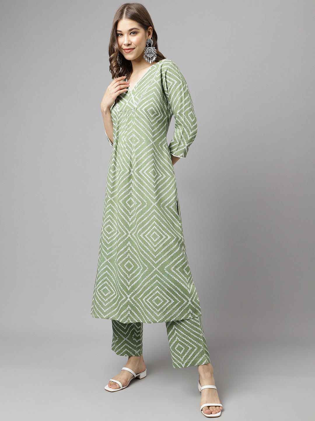 Women's Green Cotton A-Line Kurta set