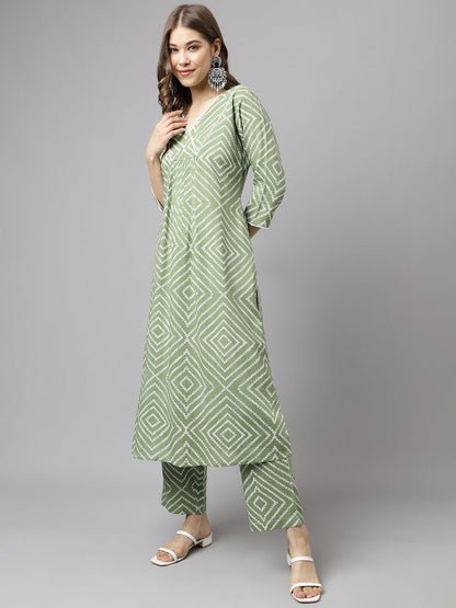 Women's Green Cotton A-Line Kurta set