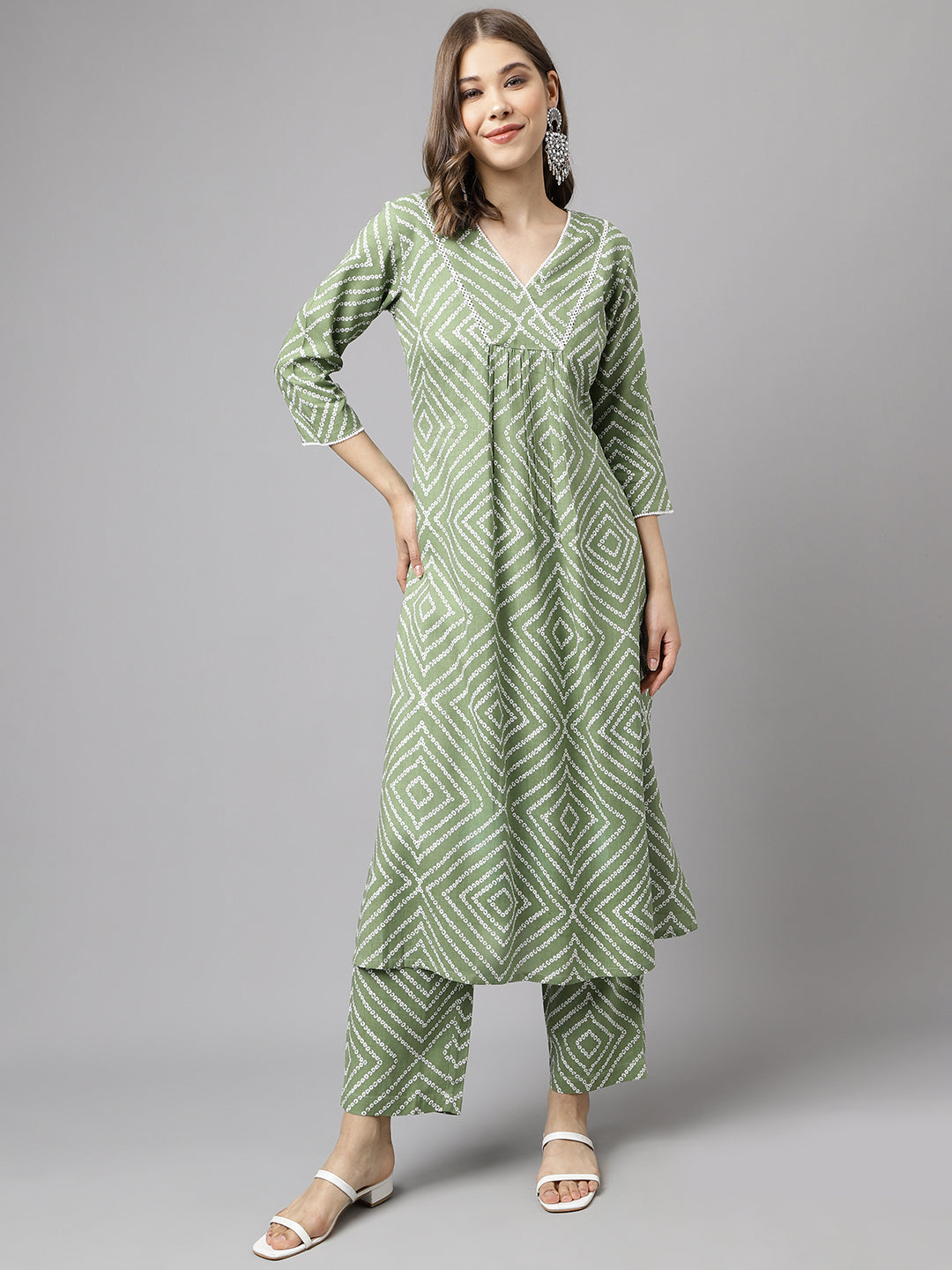 Women's Green Cotton A-Line Kurta set