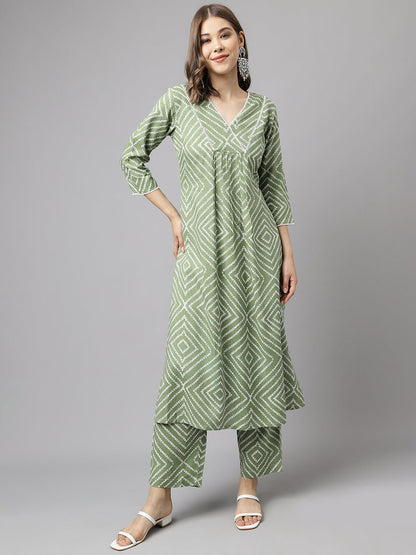 Women's Green Cotton A-Line Kurta set