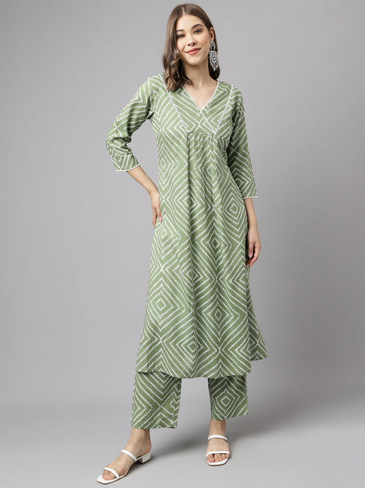 Women's Green Cotton A-Line Kurta set