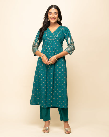 Women's Teal-Blue Crepe A-Line Kurta Pant With dupatta