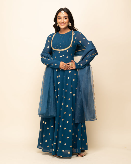 Women's Teal blue Georgette Anarkali Kurta With dupatta
