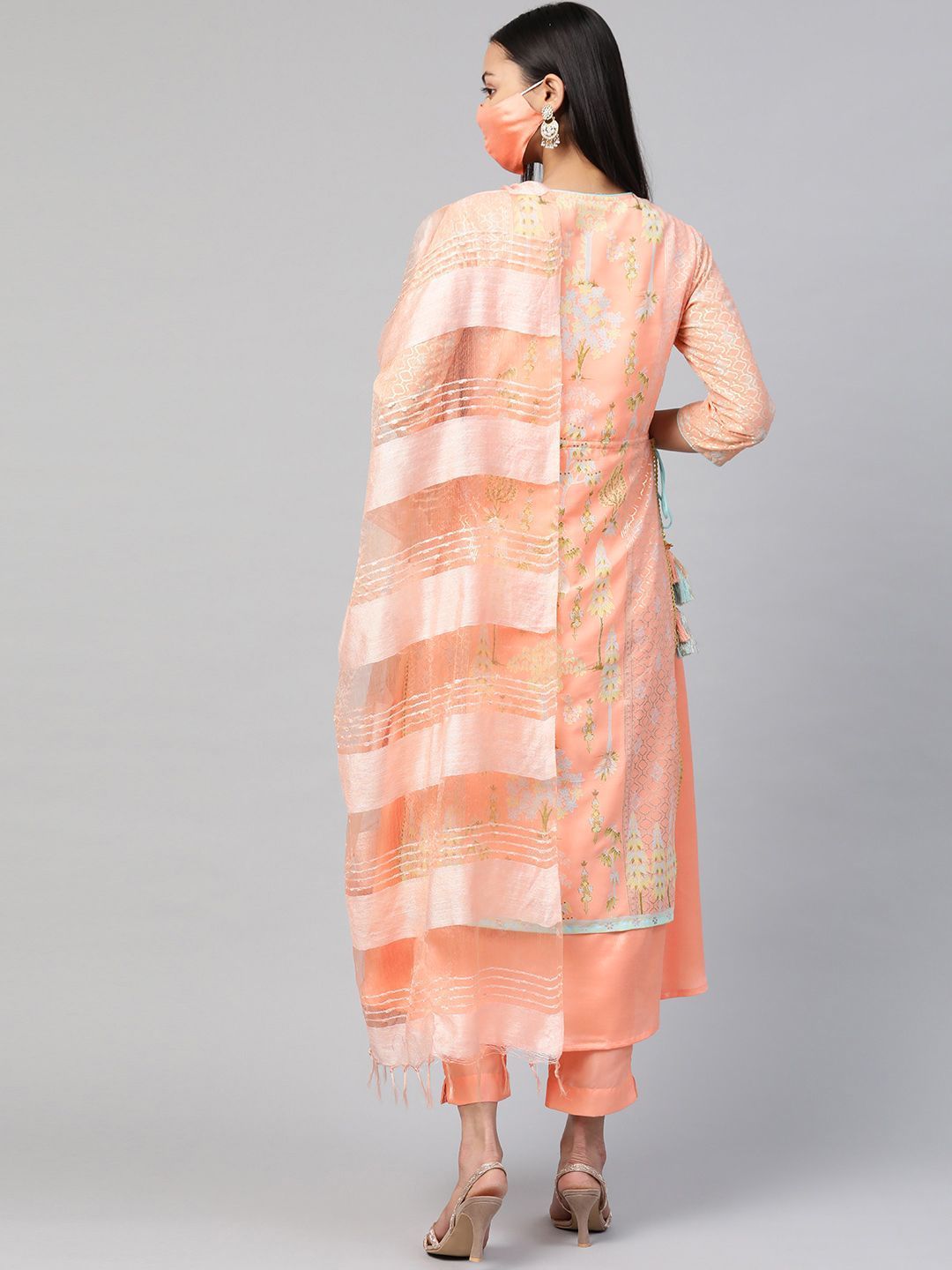 Women's Orange Printed Layered Kurta Pant & Dupatta Set with Mask