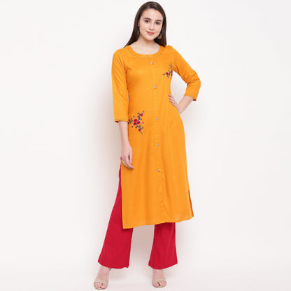 Women's Embroidered/Solid Straight Rayon Yellow Kurta (1Pc)