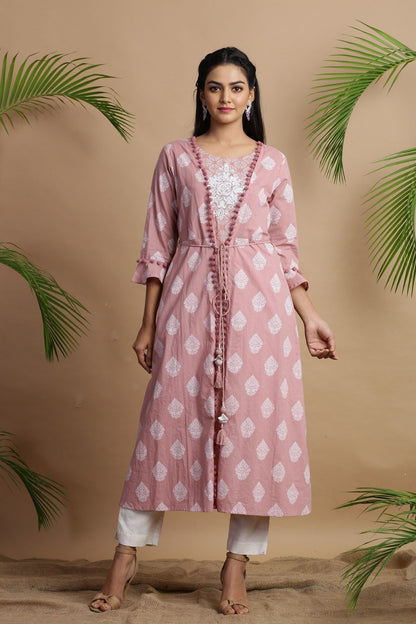 Women's Powderpink Cambric Printed Jacket Style Kurta