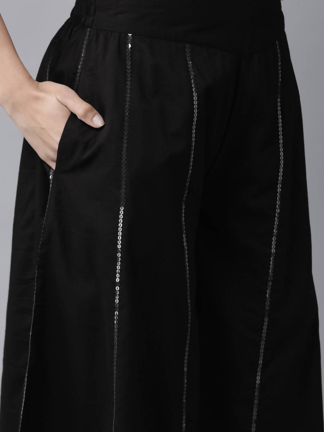 Women's Black Cambric Floral Print High-Low Kurta Palazzo Set With Mask