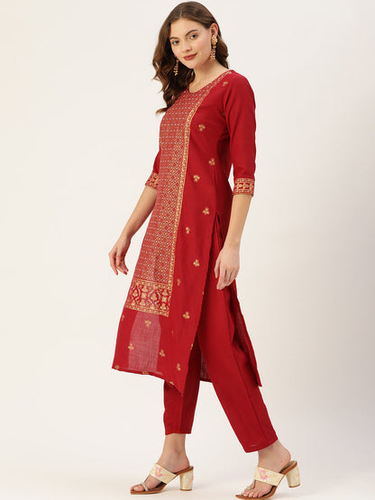 Women's Maroon Cotton Blend Panelled Printed Straight Kurta Trouser Set With Dupatta