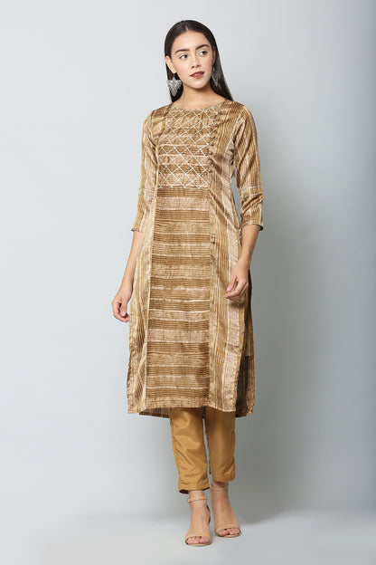 Women's Gold Color Satin Blend Straight Printed Kurta Pant Set