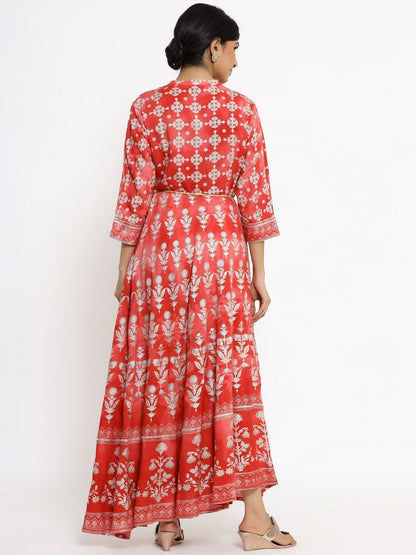 Women's Printed Flared Dress with Waist Tie-up