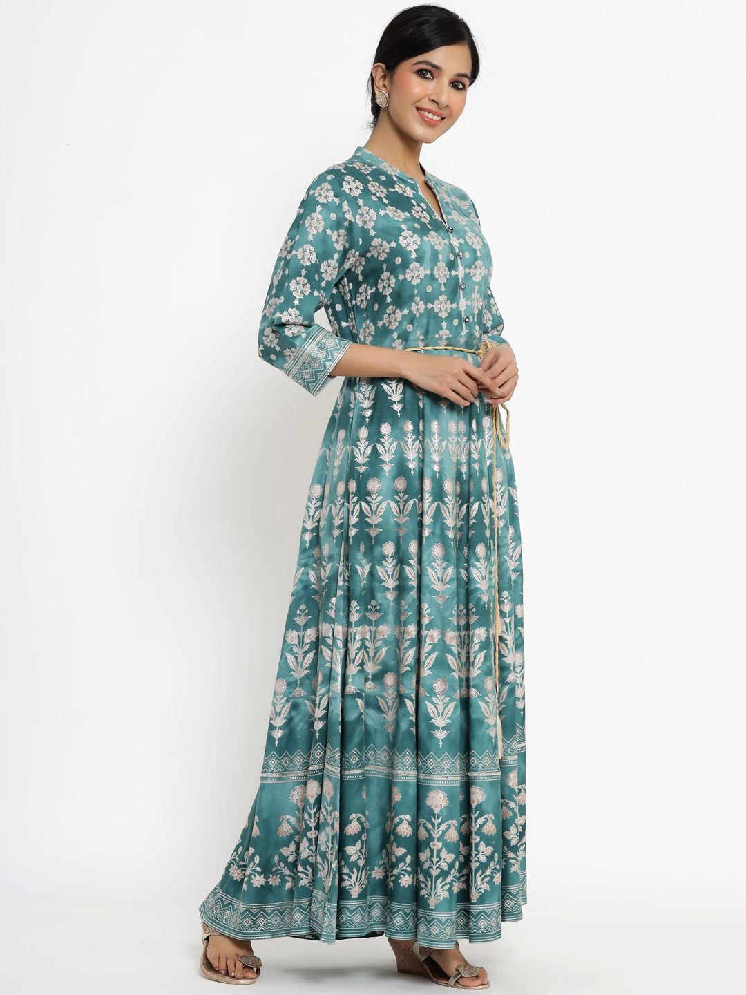 Women's Printed Flared Dress with Waist Tie-up