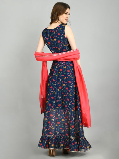 Navy Blue Chanderi Printed Sleeveless Round Neck Casual Blouse Lehenga Dupatta Set