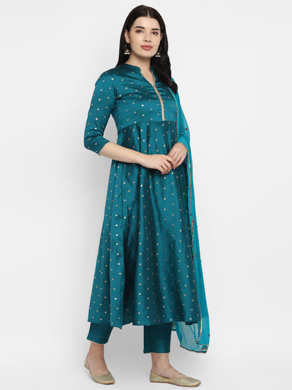 Women's Rama Color Polyster blend Self Design Kurta Pant With Dupatta