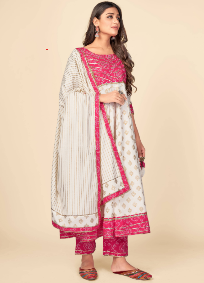Women's Pink & White Anarkali Kurta & Pant With Dupatta Set Vbuyz- (3
