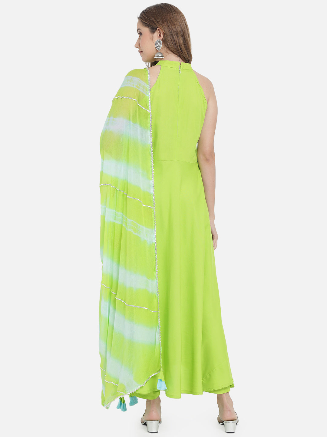 Women's Neon Green Solid Flared Kurta set with Dupatta