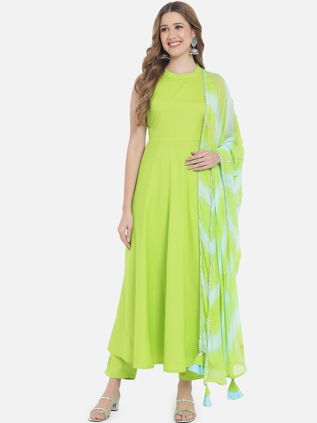Women's Neon Green Solid Flared Kurta set with Dupatta