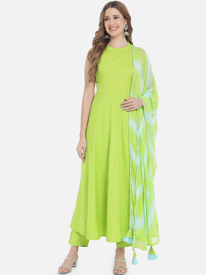 Women's Neon Green Solid Flared Kurta set with Dupatta