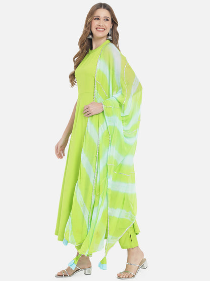 Women's Neon Green Solid Flared Kurta set with Dupatta
