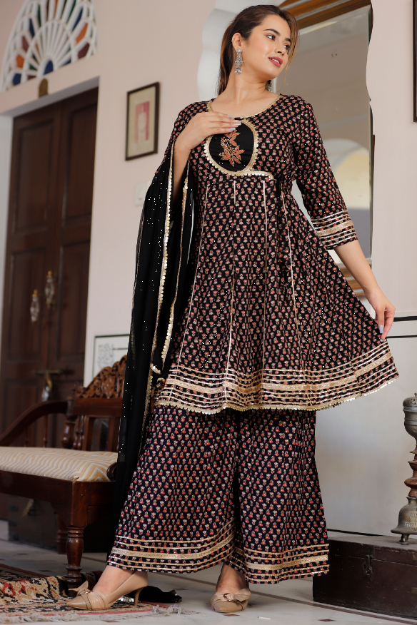 Women's Black Flared Kurta With Sharara And Dupatta