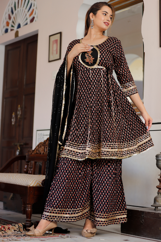 Women's Black Flared Kurta With Sharara And Dupatta