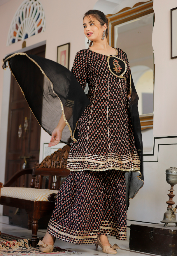 Women's Black Flared Kurta With Sharara And Dupatta