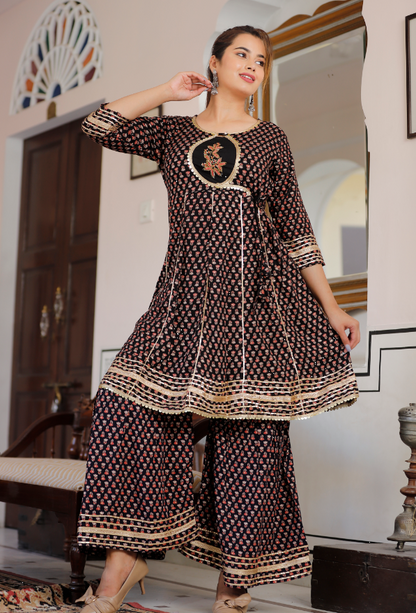 Women's Black Flared Kurta With Sharara And Dupatta