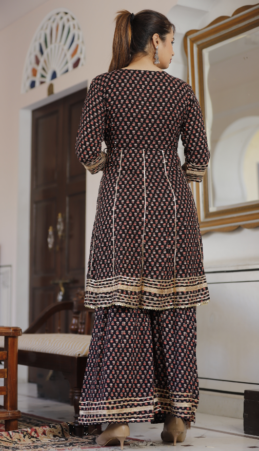 Women's Black Flared Kurta With Sharara And Dupatta