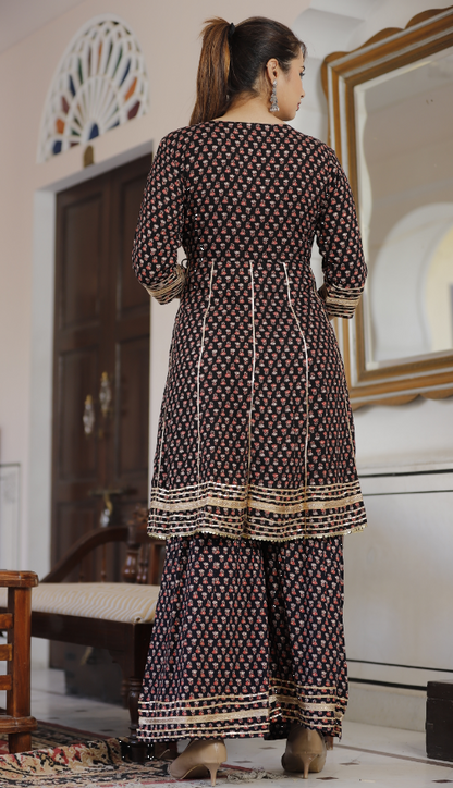 Women's Black Flared Kurta With Sharara And Dupatta